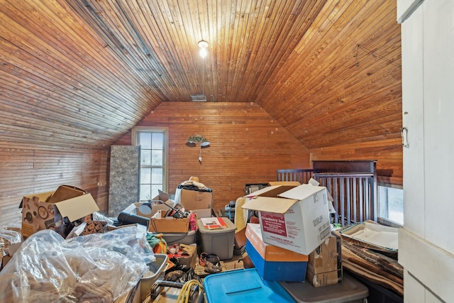 bonus room featuring wooden ceiling, wooden walls, and vaulted ceiling