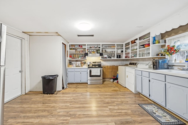 kitchen featuring stainless steel electric range oven, sink, light hardwood / wood-style flooring, independent washer and dryer, and gray cabinets