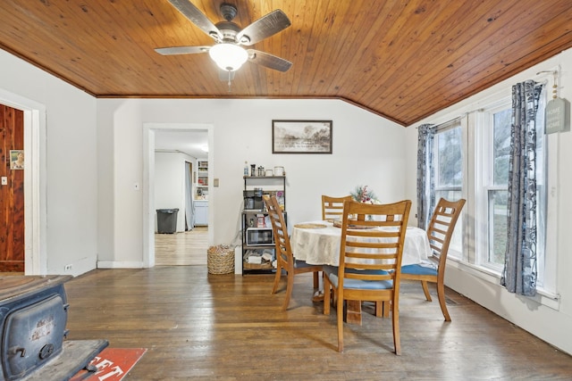 dining area with lofted ceiling, a wood stove, dark hardwood / wood-style floors, ceiling fan, and wood ceiling