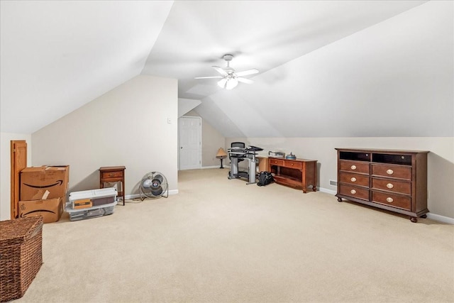 bonus room with ceiling fan, light carpet, and vaulted ceiling