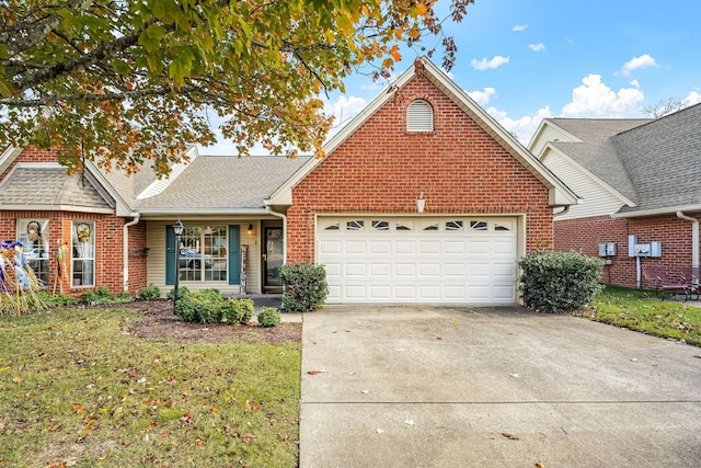 view of front property featuring a garage and a front lawn