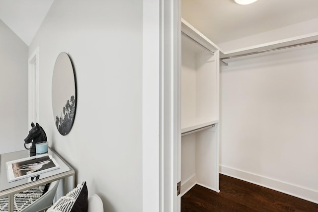 spacious closet with dark wood-type flooring and lofted ceiling