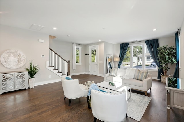 living room with dark wood-type flooring