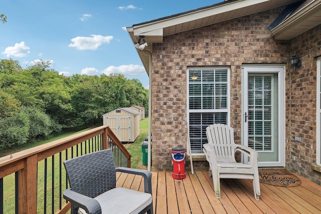 deck with a storage shed