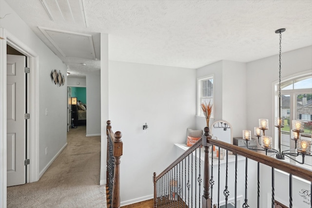 hallway featuring carpet flooring and a textured ceiling