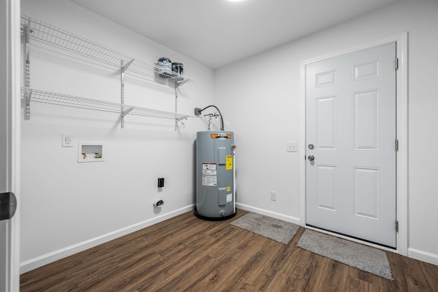 clothes washing area featuring washer hookup, electric dryer hookup, dark hardwood / wood-style floors, and water heater