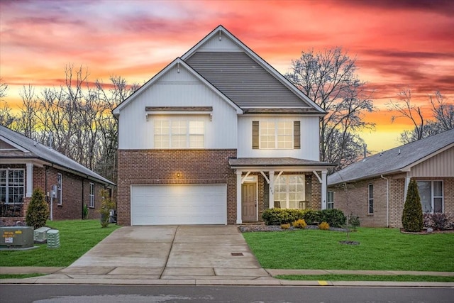 view of front facade with central AC, a garage, and a lawn