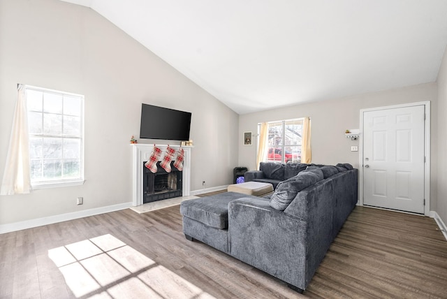 living room featuring hardwood / wood-style flooring and vaulted ceiling