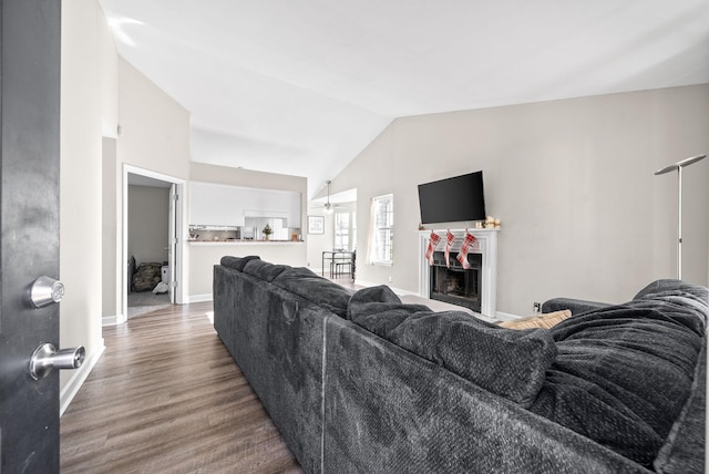 living room featuring lofted ceiling, a fireplace, and dark wood-type flooring