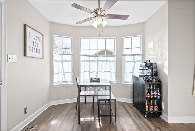 dining area featuring ceiling fan, plenty of natural light, and hardwood / wood-style flooring