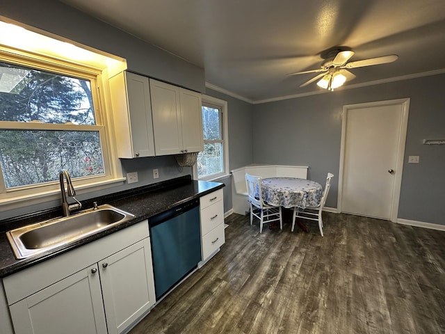 kitchen with sink, stainless steel dishwasher, ceiling fan, dark hardwood / wood-style flooring, and white cabinetry