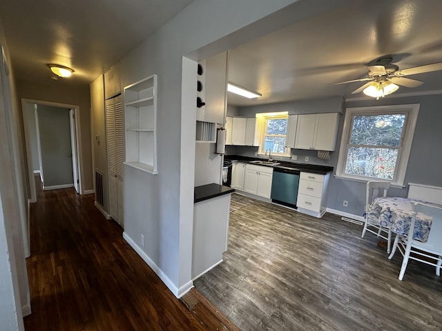 kitchen with white cabinetry, dishwasher, ceiling fan, sink, and dark hardwood / wood-style flooring