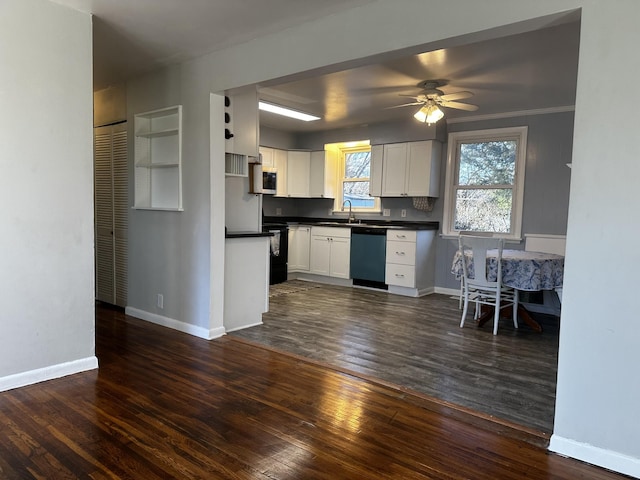 kitchen with white cabinetry, dishwasher, sink, dark hardwood / wood-style flooring, and black / electric stove