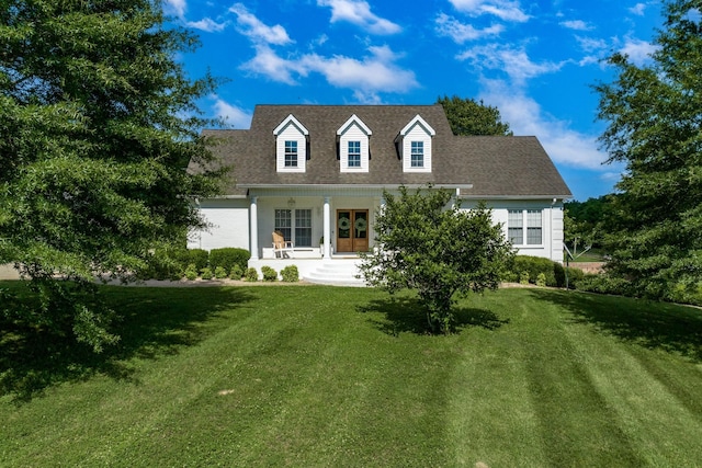 cape cod-style house featuring a porch and a front yard