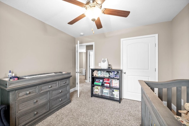 carpeted bedroom with ceiling fan