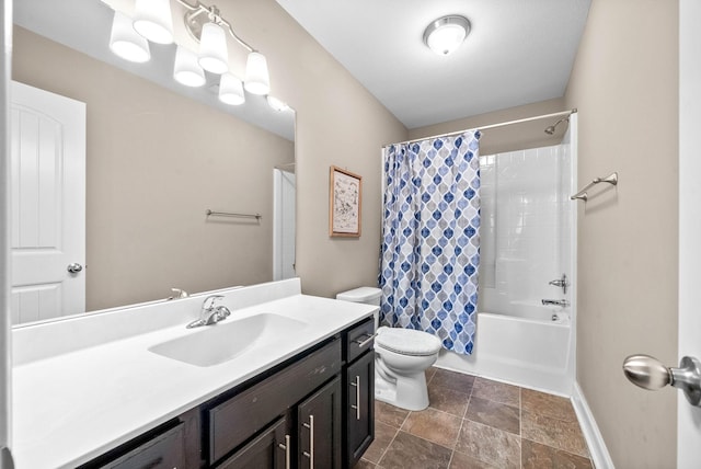 full bathroom featuring shower / bath combination with curtain, toilet, and vanity