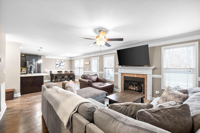 living room featuring a fireplace, hardwood / wood-style flooring, ceiling fan, and crown molding