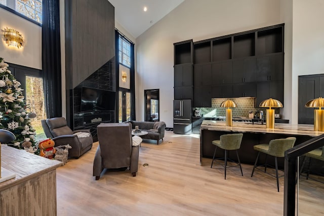 interior space with high vaulted ceiling and light hardwood / wood-style floors