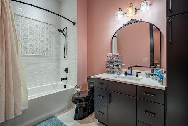 full bathroom featuring toilet, vanity, tile patterned flooring, and shower / tub combo with curtain