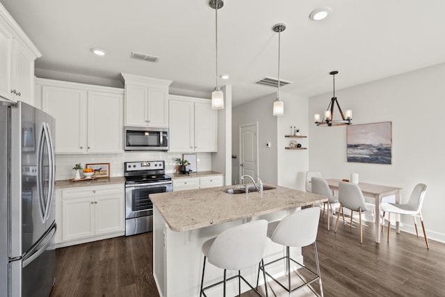 kitchen with stainless steel appliances, sink, white cabinets, and decorative light fixtures