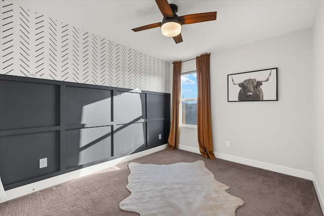 bedroom with ceiling fan and carpet flooring