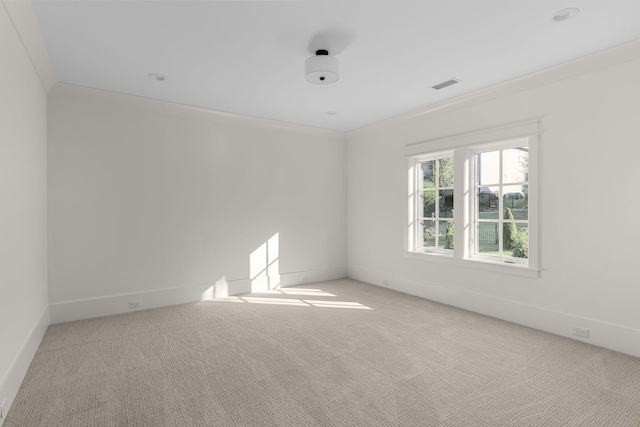 spare room with light colored carpet and crown molding