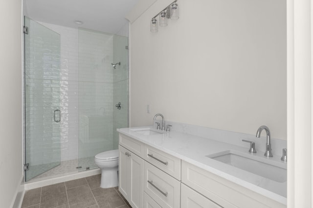 bathroom featuring walk in shower, tile patterned flooring, vanity, and toilet