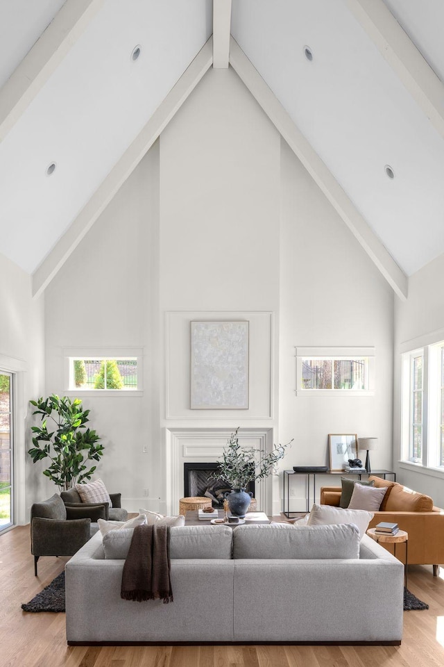 living room featuring hardwood / wood-style floors, high vaulted ceiling, and a wealth of natural light