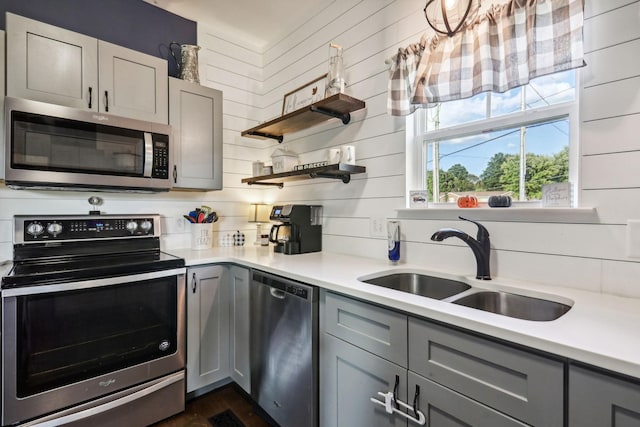 kitchen with appliances with stainless steel finishes, wooden walls, gray cabinetry, and sink