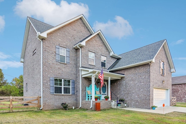 view of front of property featuring a porch, a garage, and a front yard