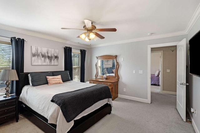 bedroom featuring ceiling fan, light colored carpet, and ornamental molding