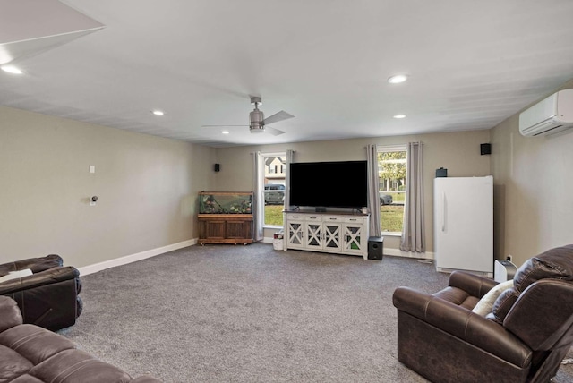 carpeted living room featuring an AC wall unit and ceiling fan