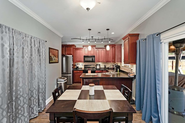 dining room featuring crown molding, sink, and dark wood-type flooring