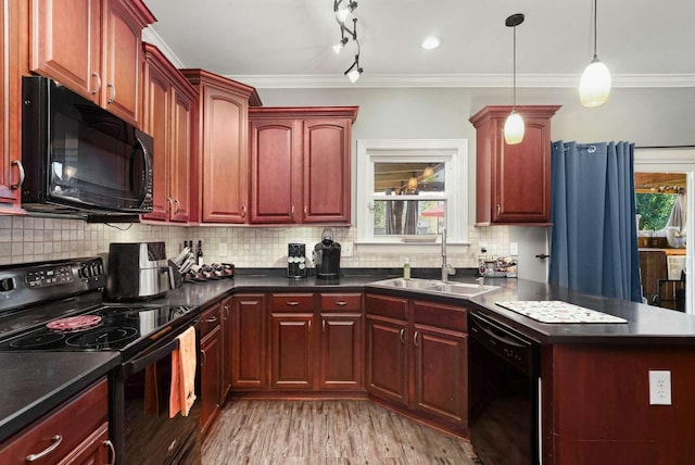 kitchen featuring track lighting, black appliances, crown molding, sink, and decorative light fixtures