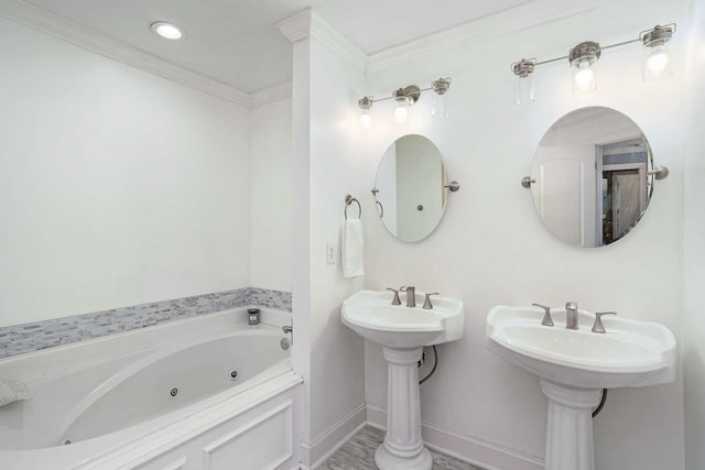 bathroom featuring double sink, a bath, and ornamental molding