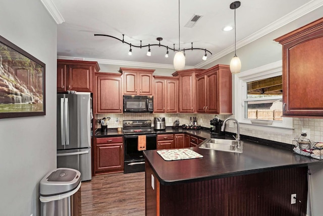 kitchen featuring sink, hanging light fixtures, dark hardwood / wood-style floors, black appliances, and ornamental molding