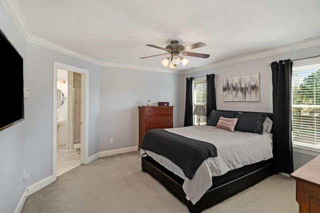 bedroom with ensuite bathroom, ceiling fan, ornamental molding, and light colored carpet