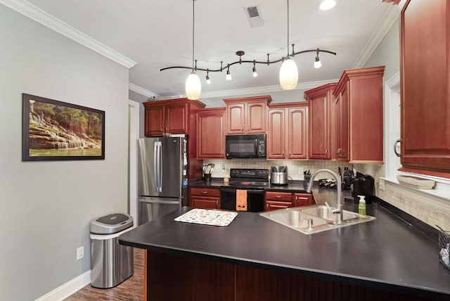 kitchen featuring sink, decorative light fixtures, ornamental molding, and black appliances