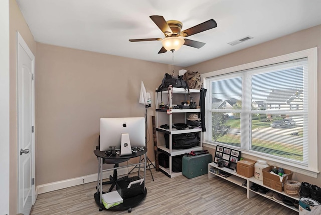 office area featuring ceiling fan and light hardwood / wood-style flooring