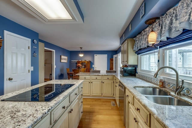 kitchen with black electric stovetop, light stone countertops, sink, and light wood-type flooring