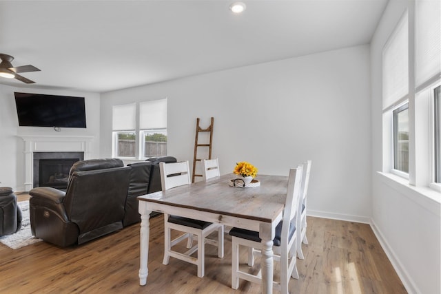 dining space featuring ceiling fan and light wood-type flooring