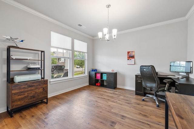 office area with a chandelier, crown molding, and wood-type flooring