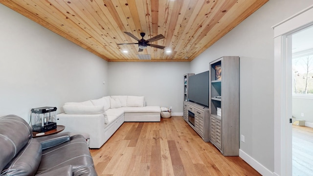 living room with ceiling fan, wood ceiling, and light wood-type flooring