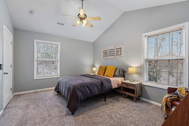 bedroom with carpet flooring, multiple windows, and ceiling fan