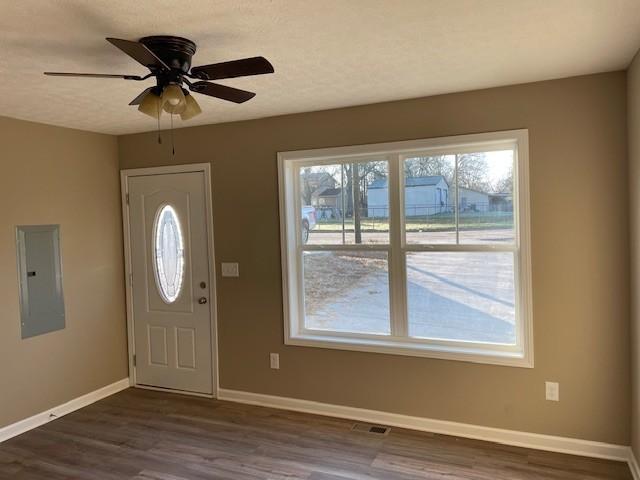 entrance foyer featuring ceiling fan, dark hardwood / wood-style floors, and electric panel