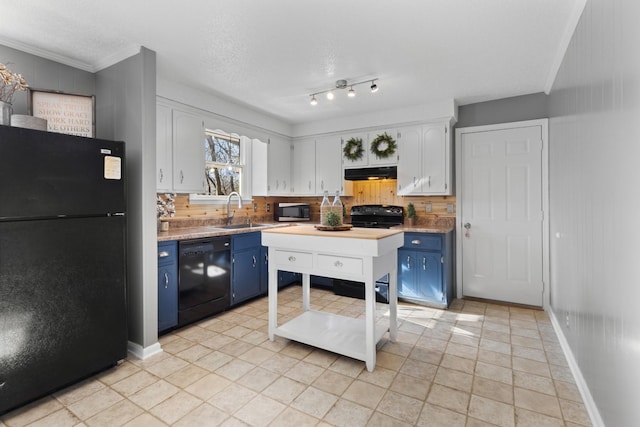 kitchen with blue cabinets, sink, white cabinetry, light tile patterned floors, and black appliances