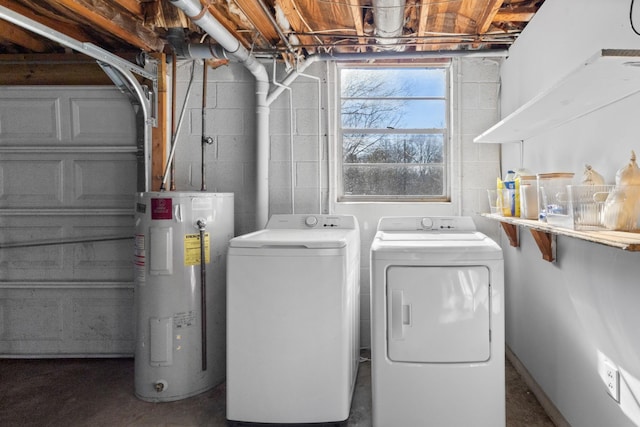 washroom featuring water heater and washer and clothes dryer