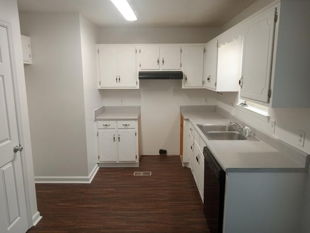 kitchen featuring dark hardwood / wood-style flooring, white cabinetry, sink, and black dishwasher