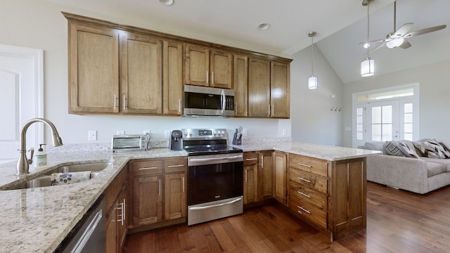 kitchen with kitchen peninsula, appliances with stainless steel finishes, light stone countertops, sink, and dark hardwood / wood-style floors