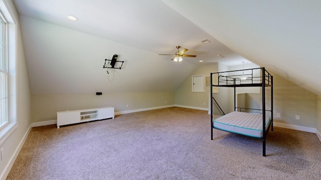 bonus room featuring carpet flooring, ceiling fan, and lofted ceiling